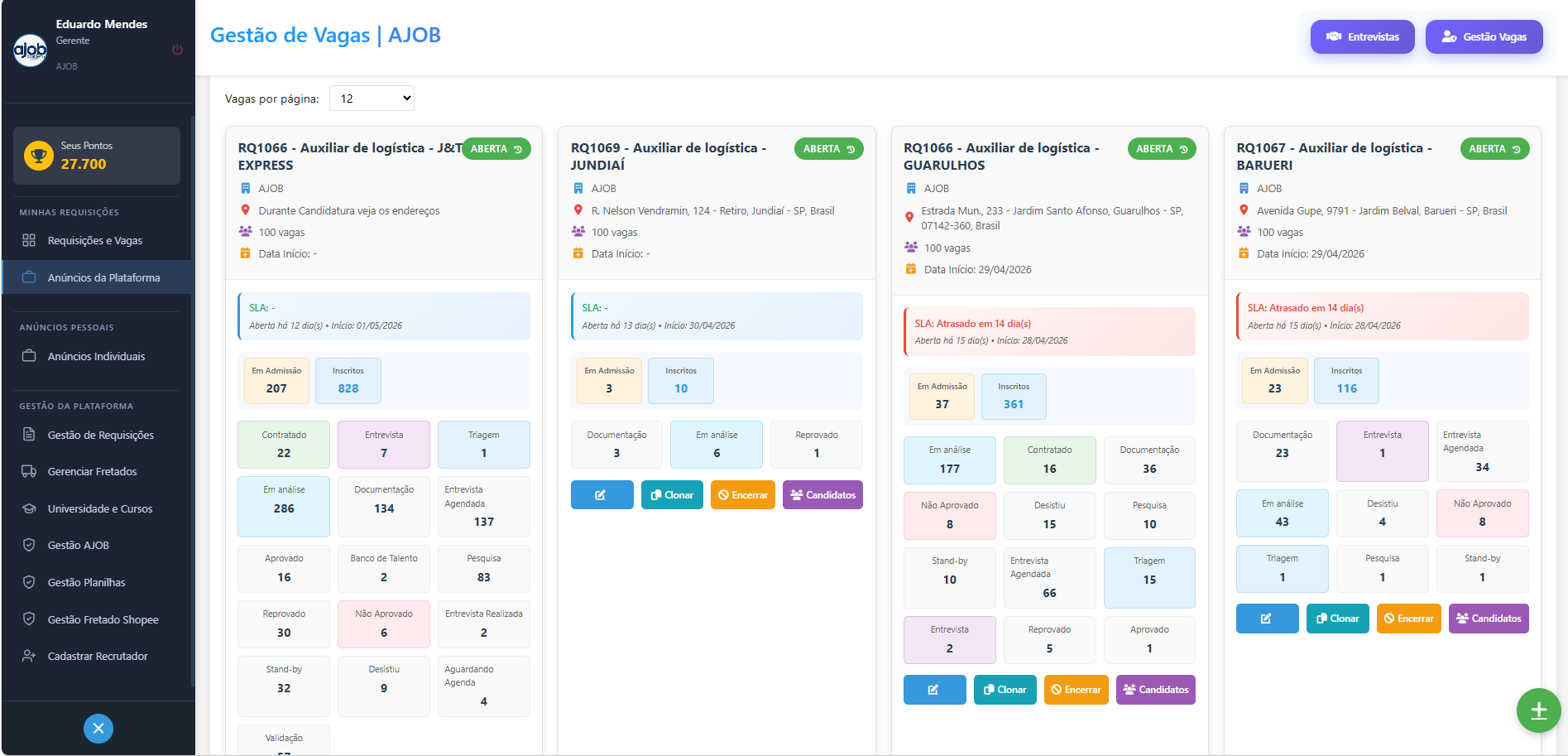 Painel de Controle — Gestão de Vagas ELEVCE TALENTS